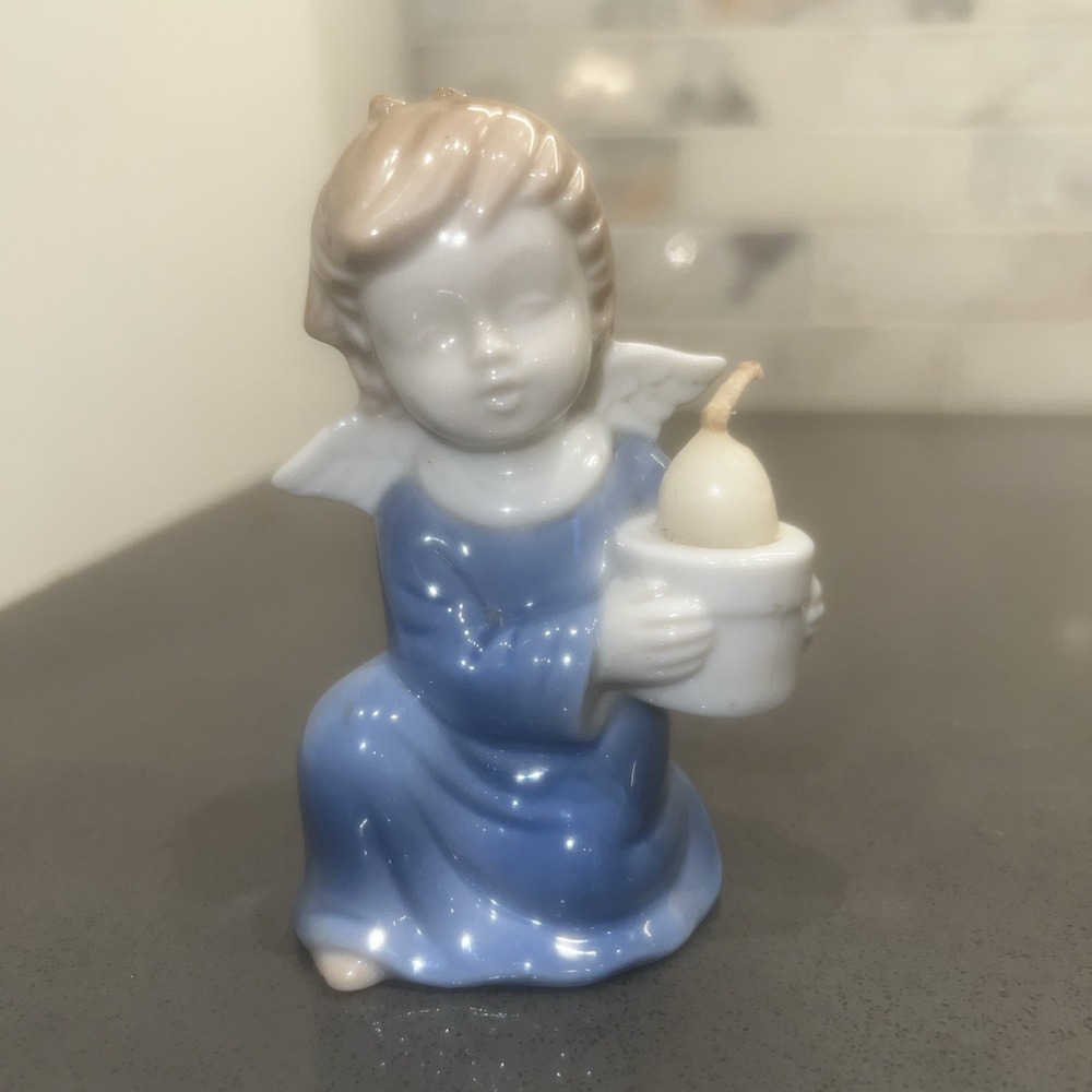 Vintage Porcelain Angel JAPAN Candle Holder Colonial Candle Blue Ivory Excellent